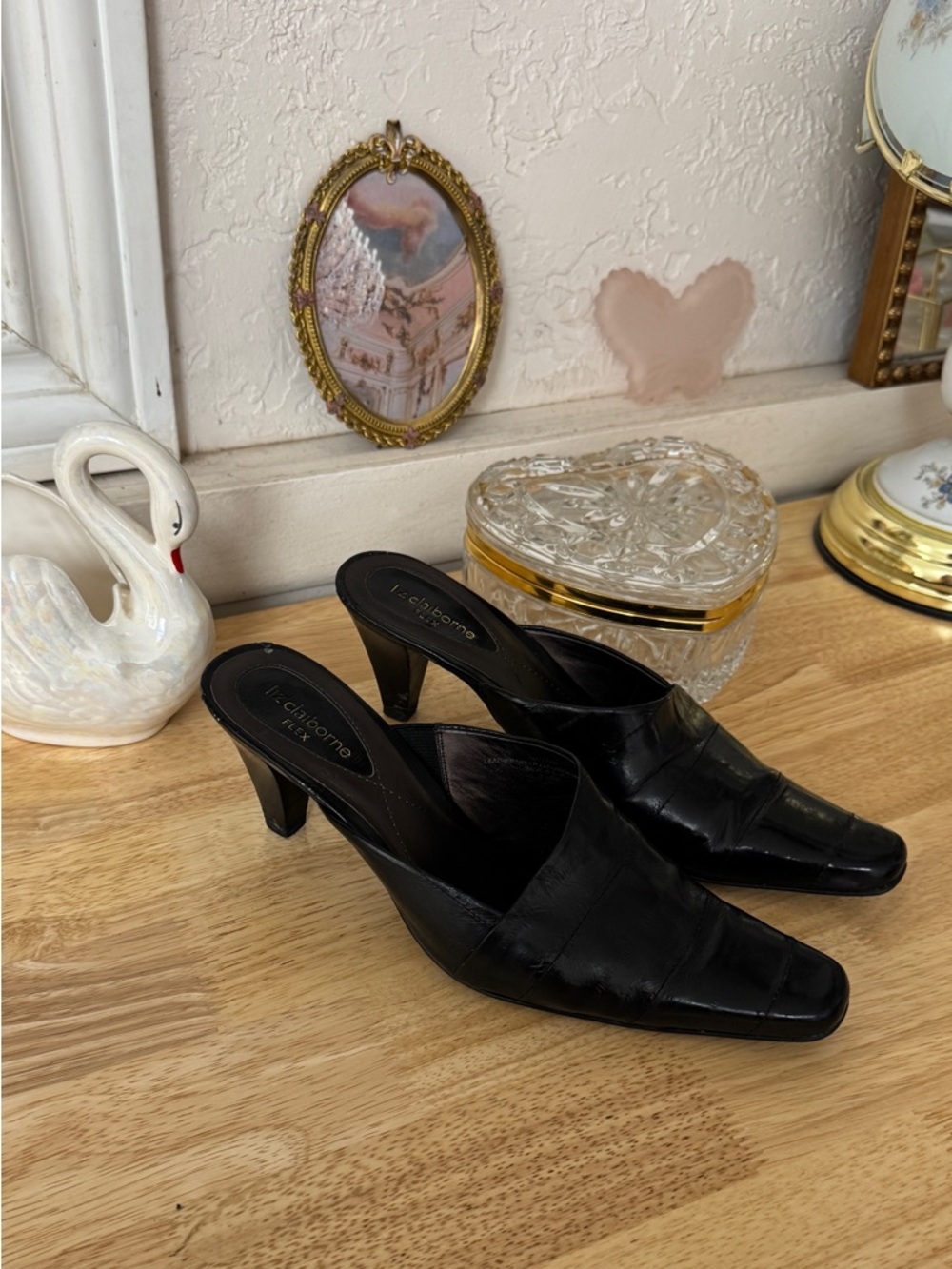 90s Liz Claiborne Black Leather Square Toe Kitten Heel Mules Pumps Size 7.5